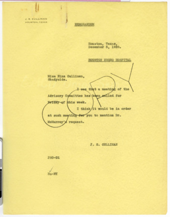 Memorandum from J. S. Cullinan to Nina Cullinan, 1928 December 5