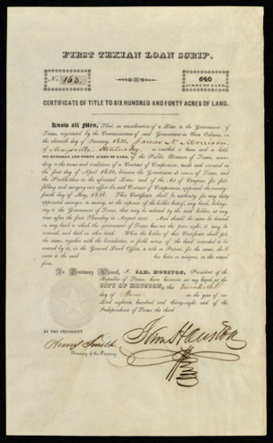 First Texian Loan Scrip for James N. Morrison signed by Sam Houston and Henry Smith