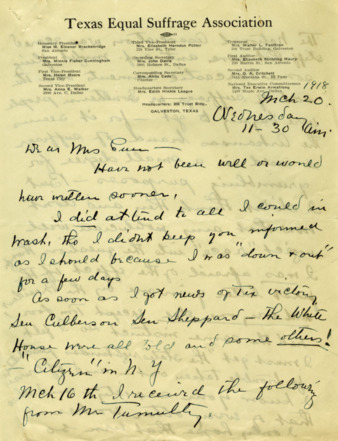 Letter describing the politicians reaction towards Texas Suffrage bill at Washington