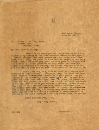 Letter from Minnie Fisher Cunningham to George M. Bailey, 1917 June 20