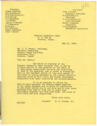 Letter from H. O. Clarke, Jr. to J. Y. Powell, 1934 May 31