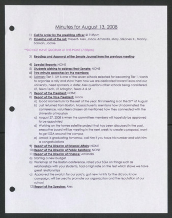 Order of Business [Minutes], 10th Meeting of the 45th Administration, August 13, 2008