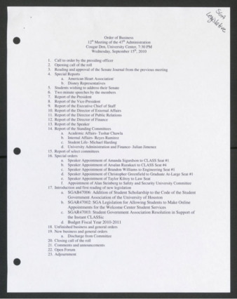 Order of Business [Agenda], 12th Meeting of the 47th Administration, September 15, 2010