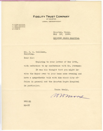 Letter from W. W. Moore to J. S. Cullinan, 1929 May 18