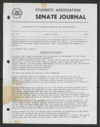 Senate Journal, Eleventh Senate, University of Houston Student Government Association, Minutes, Vol. 11, No. [2], April 8, 1974