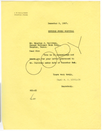 Letter from W. T. Sinclair to Maurice J. Sullivan, 1927 December 5