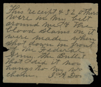 Handwritten notes from J. A. Dodge regarding papers bloodstained from a bullet shot he received in 1863
