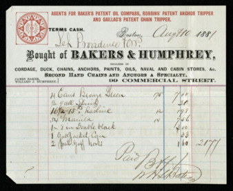 Shipping receipt for the Schooner Providence to Bakers & Humphrey