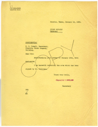 Letter from W. T. Sinclair to R. E. Powell, 1932 January 15