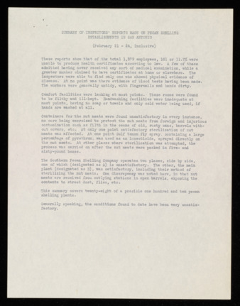 Summary of inspectors' reports made on pecan shelling establishments in San Antonio