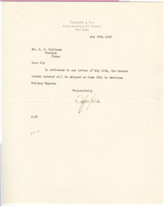 Letter from Tiffany & Co. to J. S. Cullinan, 1926 May 20