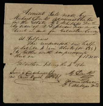 Sale receipt for a parcel of land administrated by Michael Deck and owned by G. E. Phillips, deceased
