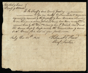 Order from William Jones Elliot Heard (Chief Justice) to the sheriff to the property of Gene Boonson