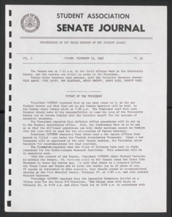 Senate Journal, Third Senate, University of Houston Student Government Association, Minutes, Vol. 3, No. 28, February 13, 1967