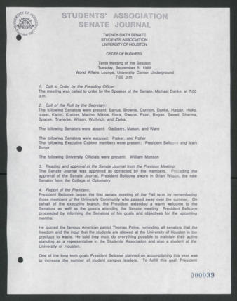 Senate Journal, Vol. 1, Twenty-sixth Senate Students' Association, University of Houston, Order of Business [Minutes], Tenth Meeting, September 5, 1989