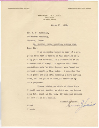 Letter from Maurice J. Sullivan to J. S. Cullinan, 1931 March 17