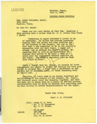Letter from J. S. Cullinan to Mayor Oscar Holcombe, 1933 July 6