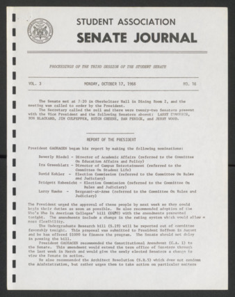 Senate Journal, Third Senate, University of Houston Student Government Association, Minutes, Vol. 3, No. 16, October 17, 1966