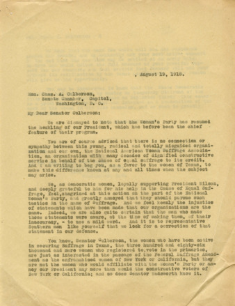 Letter from Minnie Fisher Cunningham to Charles A Culberson