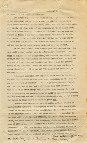 Letter from Mrs. Carrie Chapman Catt to the Members of the Executive Council