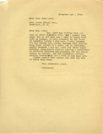 Letter from Minnie Fisher Cunningham to Mrs. Maud Wood Park, 1918 November 1
