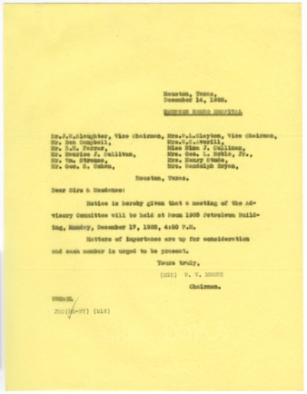 Letter to the Houston Negro Hospital Advisory Committee