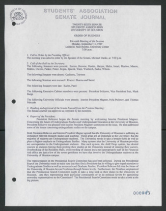 Senate Journal, Vol. 1, Twenty-sixth Senate Students' Association, University of Houston, Order of Business [Minutes], Eleventh Meeting, September 11, 1989