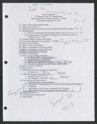 Order of Business [Agenda], 12th Meeting of the 45th Administration, September 10, 2008