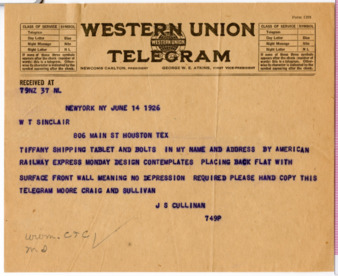 Telegram from J. S. Cullinan to W. T. Sinclair, 1926 June 14