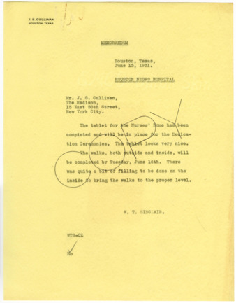 Memorandum from W. T. Sinclair to Mr. J. S. Cullinan, 1931 June 13