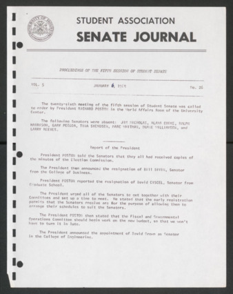 Senate Journal, Fifth Senate, University of Houston Student Government Association, Minutes, Vol. 5, No. 26, January 6, 1969