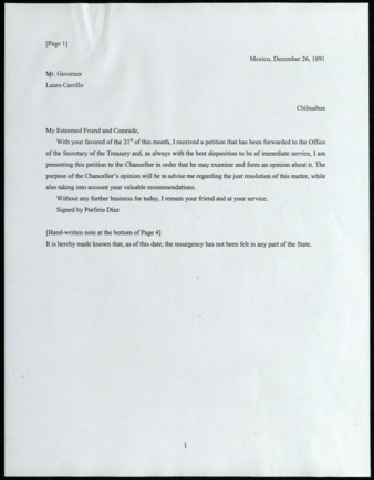Translation of Letter from Porfirio Diaz to Lauro Carillo, Governor of Chihuahua, 1891 December 26