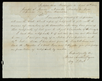 Letter from Moses Austin Bryan to Joseph S. Irwin regarding blank certificates for Texas Veterans Association members