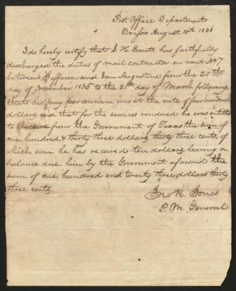 Affidavit from the Post Office Department at the Brassos