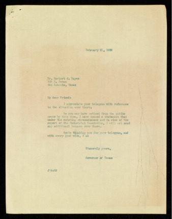 Letter from Governor James V. Allred to Herbert J. Hayes, 1938 February 21