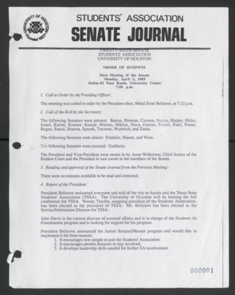 Senate Journal, Vol. 1, Twenty-sixth Senate Students' Association, University of Houston, Order of Business [Minutes], First Meeting, April 3, 1989
