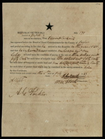Republic of Texas “Black Star” Land Grant No. 191