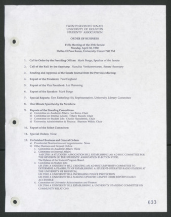 Twenty-seventh Senate, University of Houston, Students' Association, Order of Business, Fifth Meeting, April 30, 1990