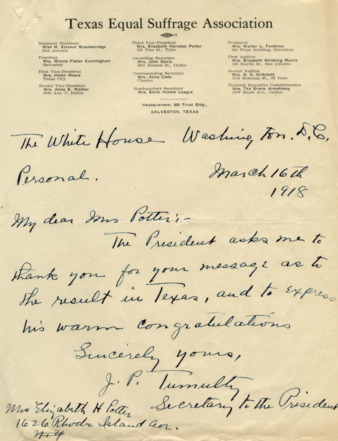 Letter from J. P. Tumulty to Elizabeth Potter