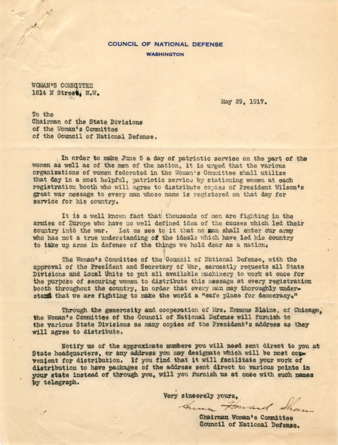 Letter from Anna Howard Shaw to the Chairman of the State Divisions of the Woman's Committee of the Council of the National Defense