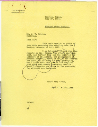 Letter from J. S. Cullinan to J. Y. Powell, 1934 July 27