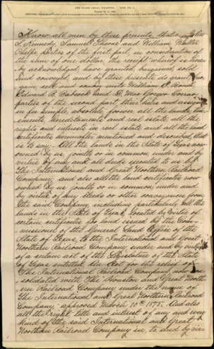 Certified copy of deeds land purchases in Matagorda County, Texas belonging to the International and Great Northern Railroad
