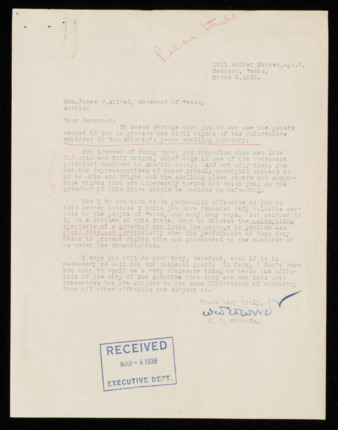 Letter from W. W. Edwards to Governor James V. Allred, 1938 March