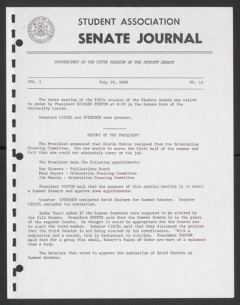 Senate Journal, Fifth Senate, University of Houston Student Government Association, Minutes, Vol. 5, No. 10, July 15, 1968