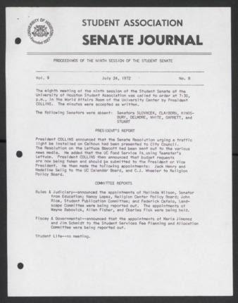 Senate Journal, Ninth Senate, University of Houston Student Government Association, Minutes, Vol. 9, No. 8, July 24, 1972