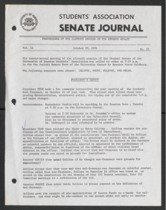 Senate Journal, Eleventh Senate, University of Houston Student Government Association, Minutes, Vol. 11, No. 22, October 28, 1974