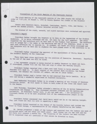 Senate Journal, Twentieth Senate, University of Houston Student Government Association, Minutes, Ninth Meeting, August 1, 1983