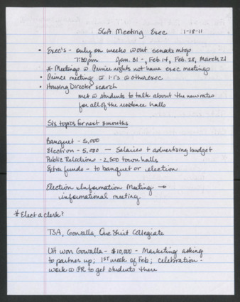 Student Government Association Executive Board, 47th Administration, Meeting Minutes, January 18, 2011