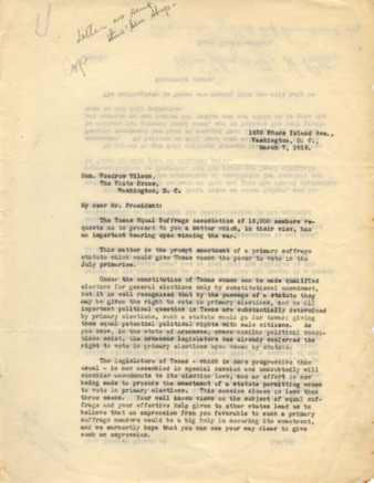 Letter from Mrs. Elizabeth H. Potter to President Woodrow Wilson