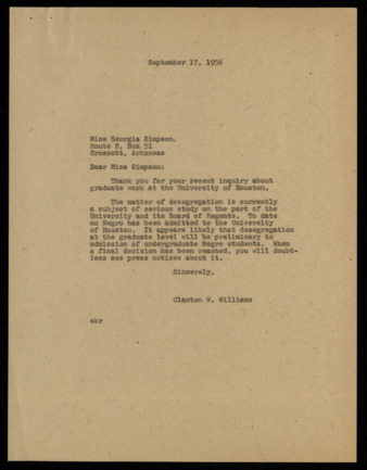 Correspondence between Georgia Simpson and Clanton W. Williams, requesting information about graduate work